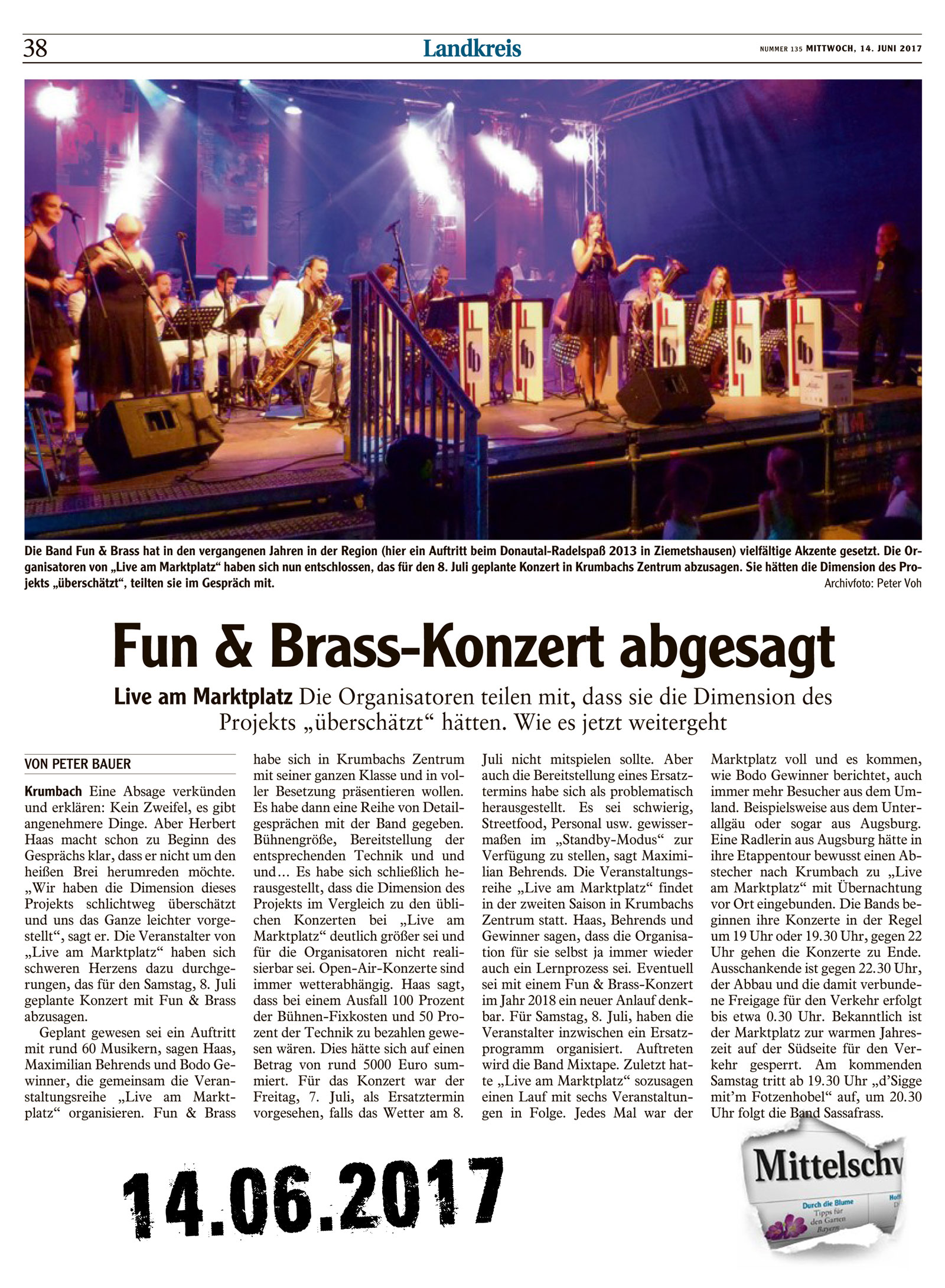 Fun & Brass Open Air leider abgesagt -  live am Marktplatz 2017 06 14 Mittelschwaebische Nachrichten